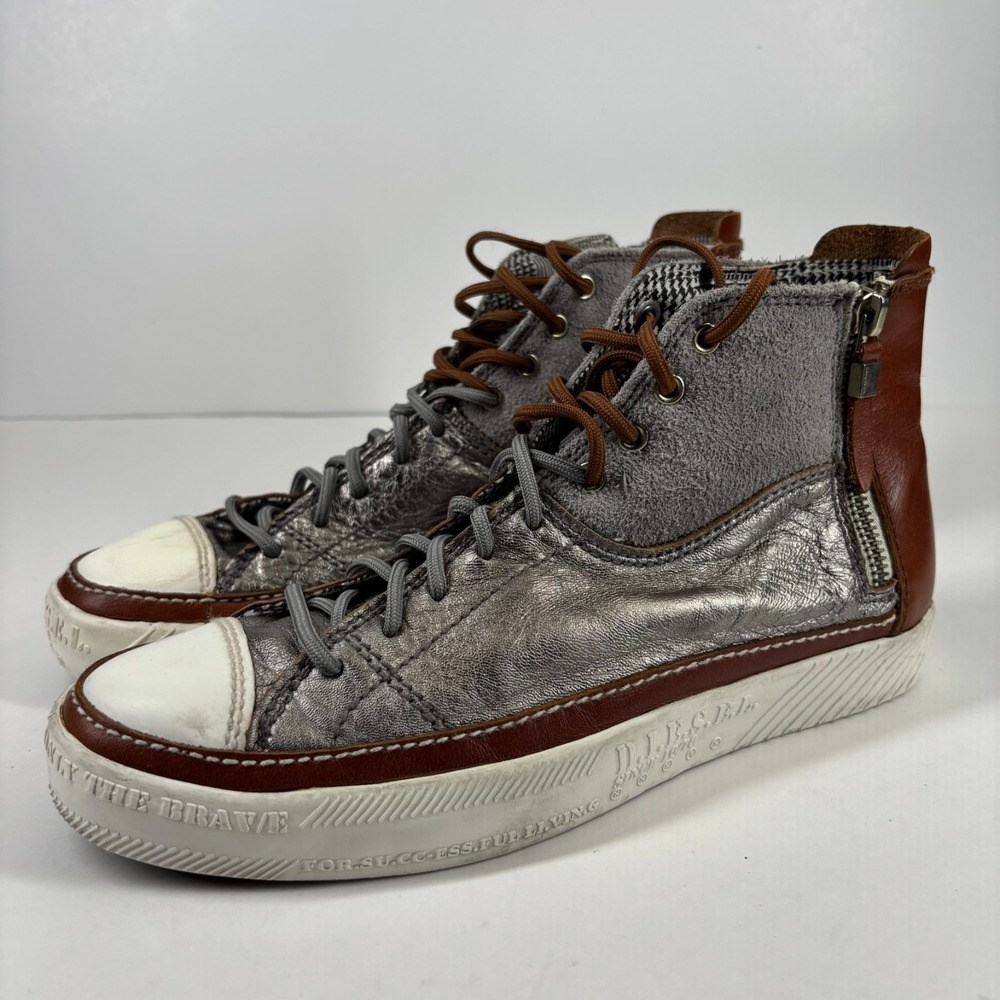 Diesel D-Zippy Men's US 8 Metallic Silver/Brown Side Zip High-Top Casual Sneaker